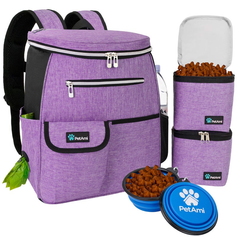 PetAmi Dog Travel Bag Backpack, Airline Approved Dog Bags for Traveling, Puppy Diaper Bag Supplies, Pet Camping Essentials Hiking Accessories Dog Mom Gift, Food Container, Collapsible Bowls, Purple - Image 1